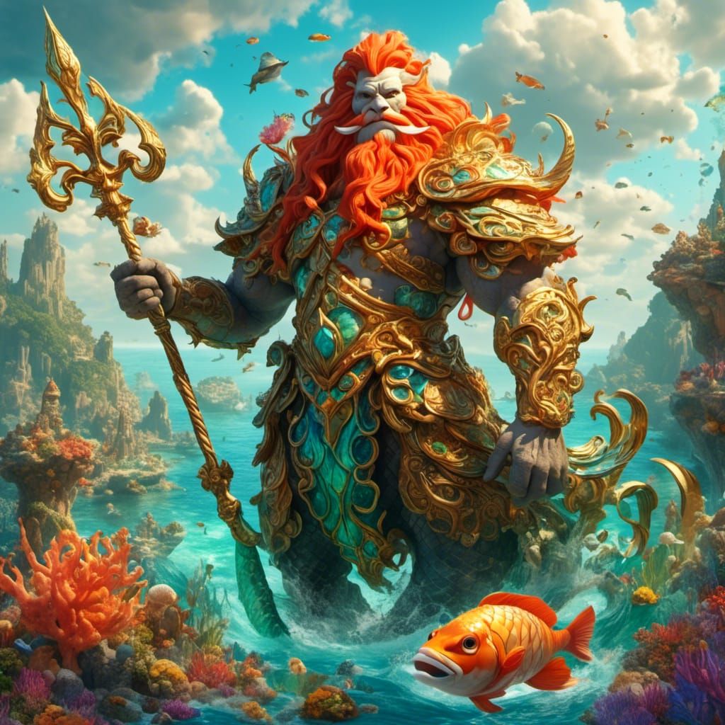 King Titan and Ariel Tend Coral Reefs: Dreamlike Digital Art
