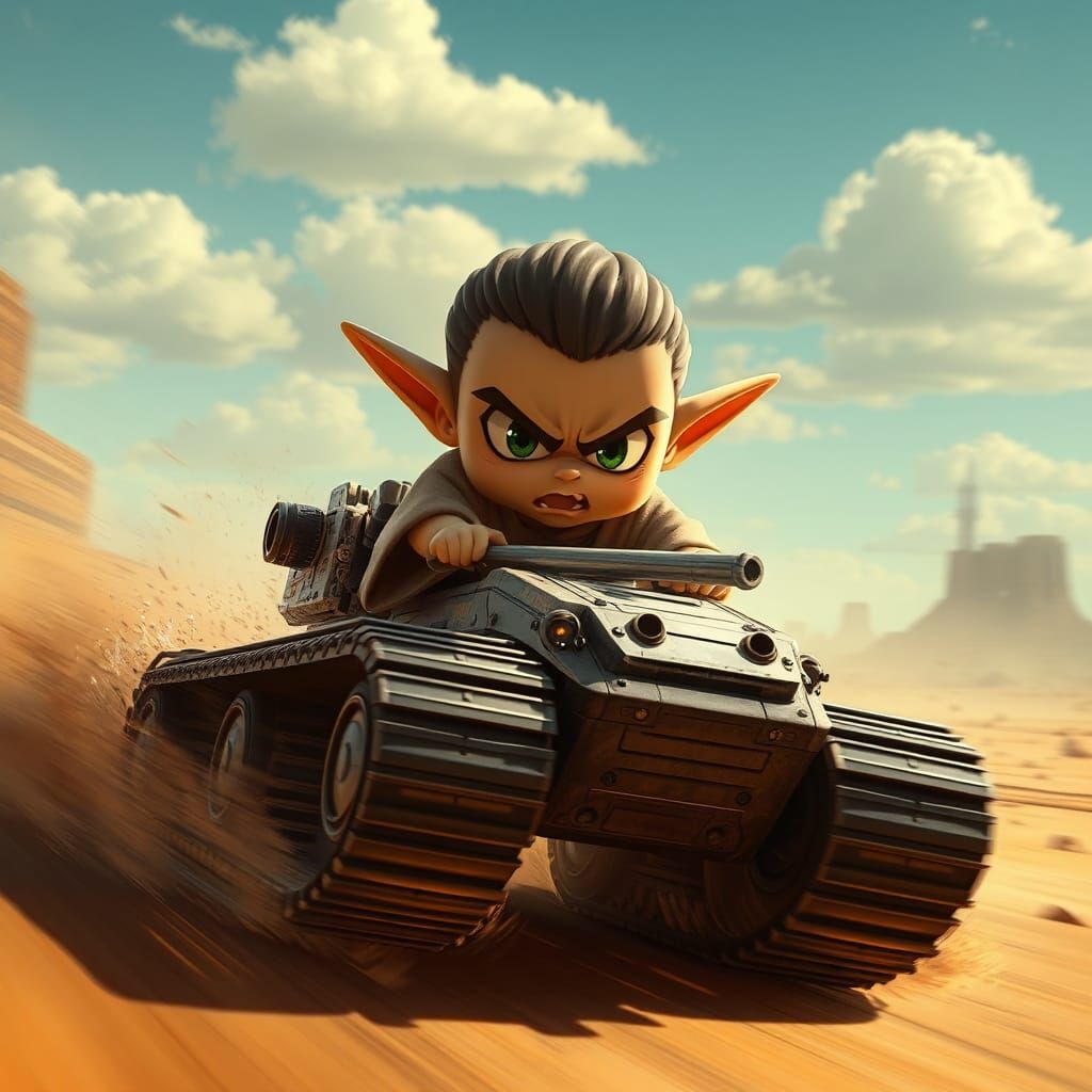 Chibi Jedi Races Tank in Mad Max Wasteland