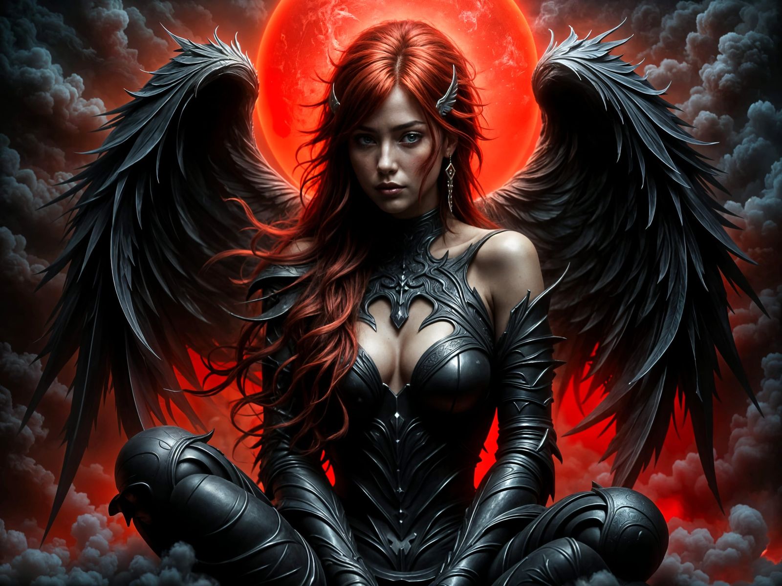 Warrior Angel with Crimson Wings, Digital Oil Painting