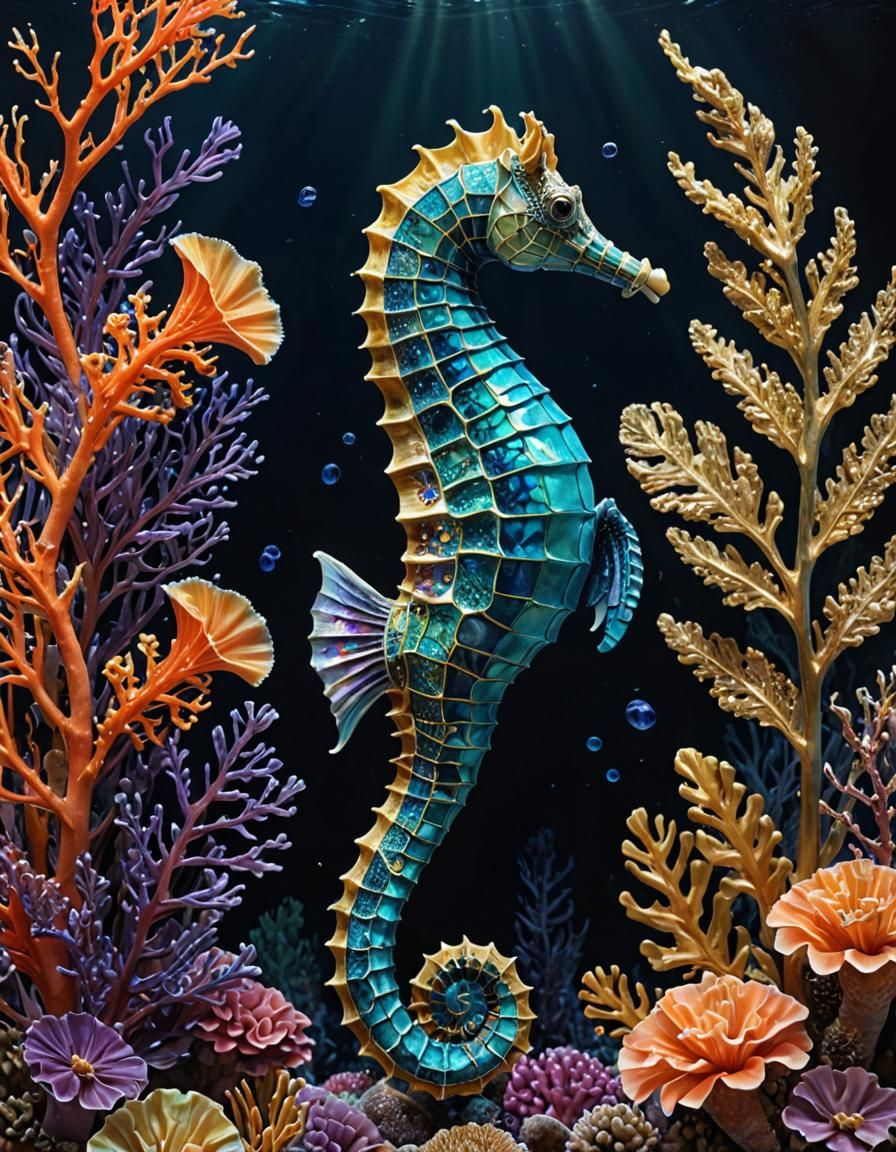 Iridescent Seahorse in Underwater Forest, Art Nouveau Style