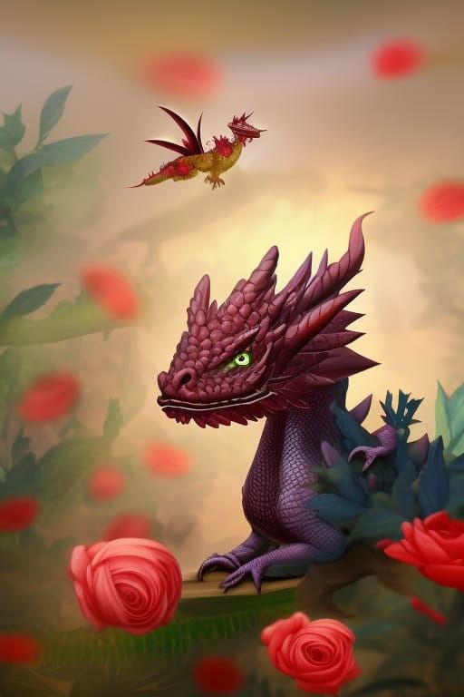 "handsome cute Rose dragon in flower garden
