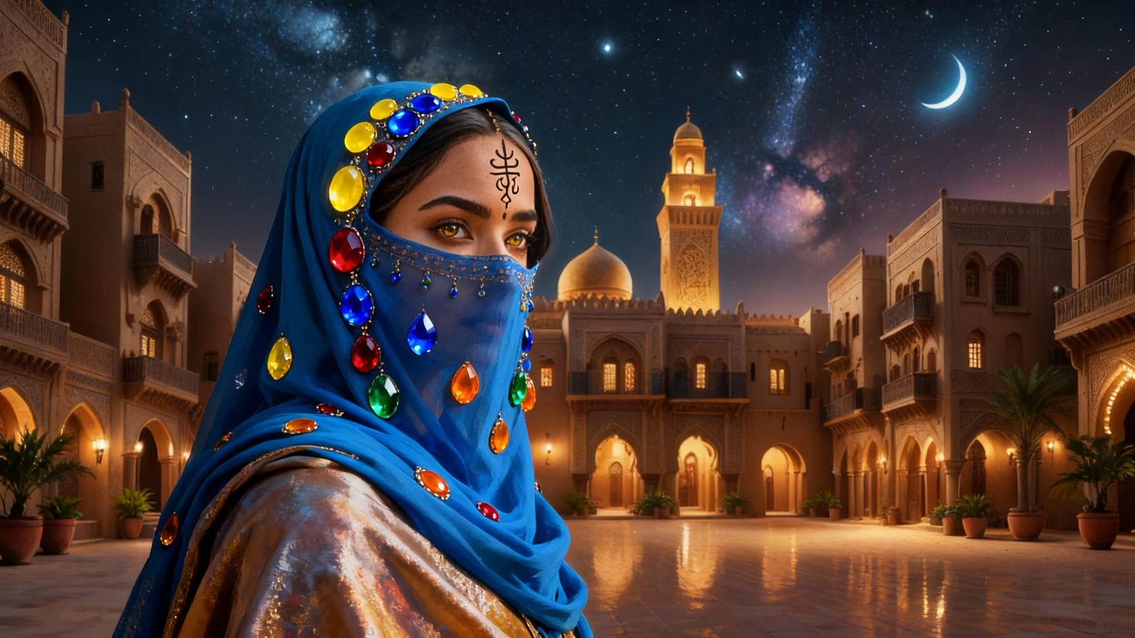 Moroccan Woman Behind Blue Veil in Golden Marrakech