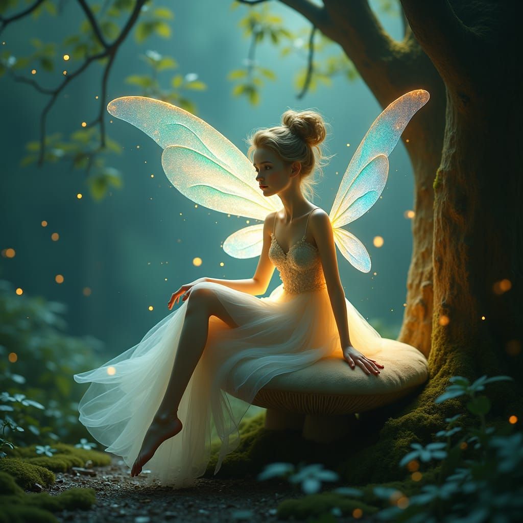 Luminescent Fairy on Mushroom in Mystical Forest