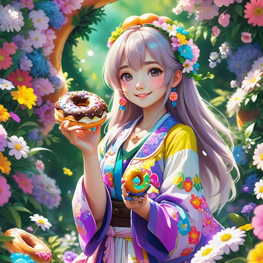 Anime Hippie Girl with Donut in Pastel Colors