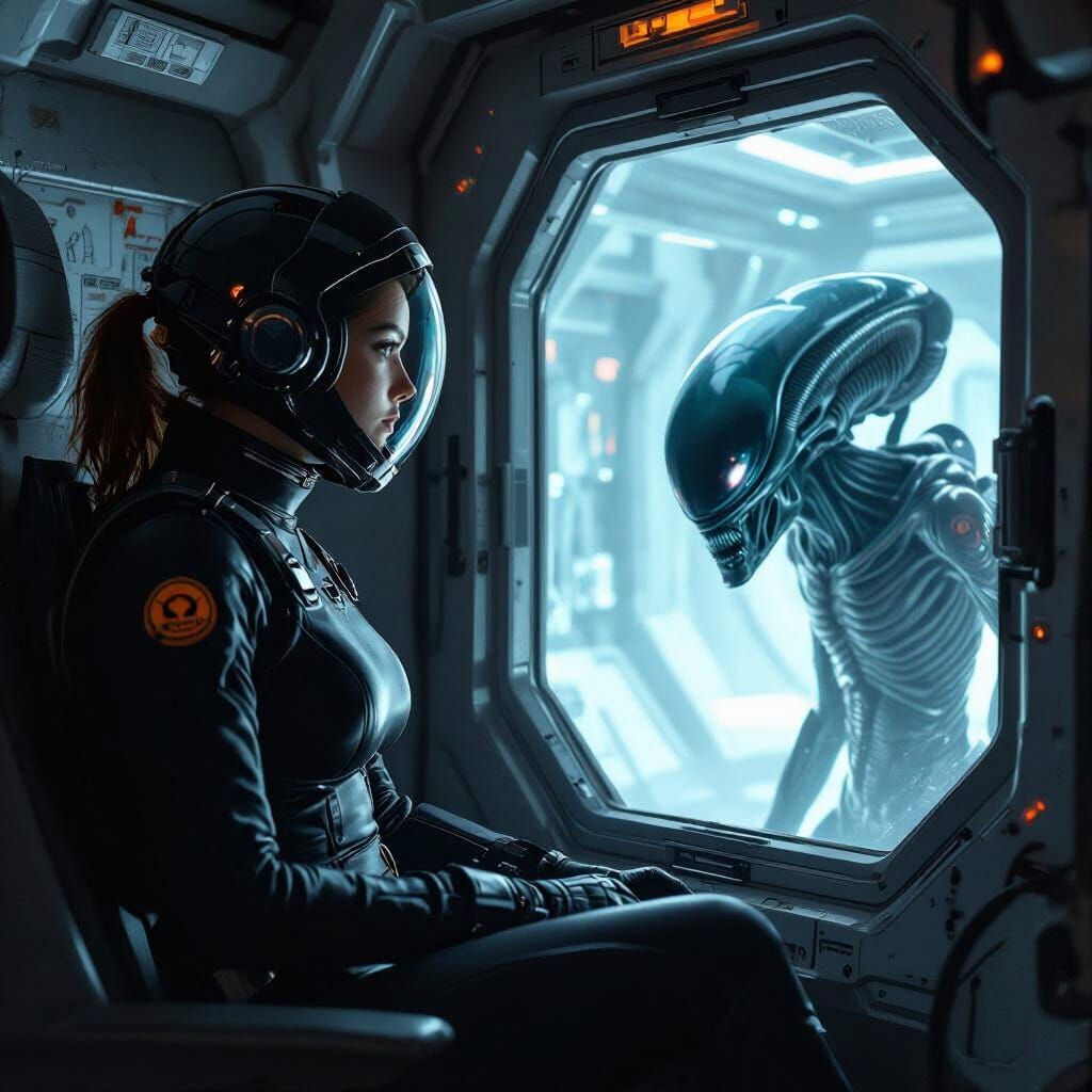Astronaut Gazing at Alien in Biomechanical Sci-Fi Style