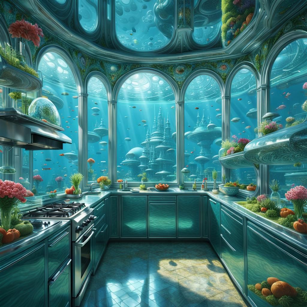 Futuristic Underwater Flowerpunk Kitchen with City View
