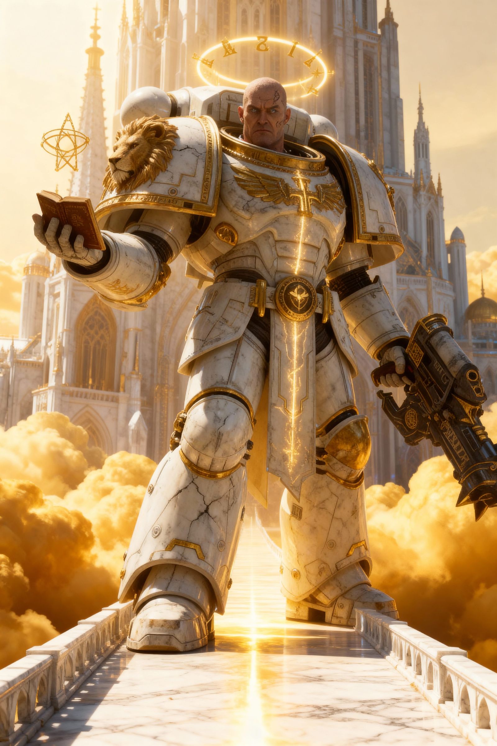 Golden Primarch on Radiant Bridge Above Clouds