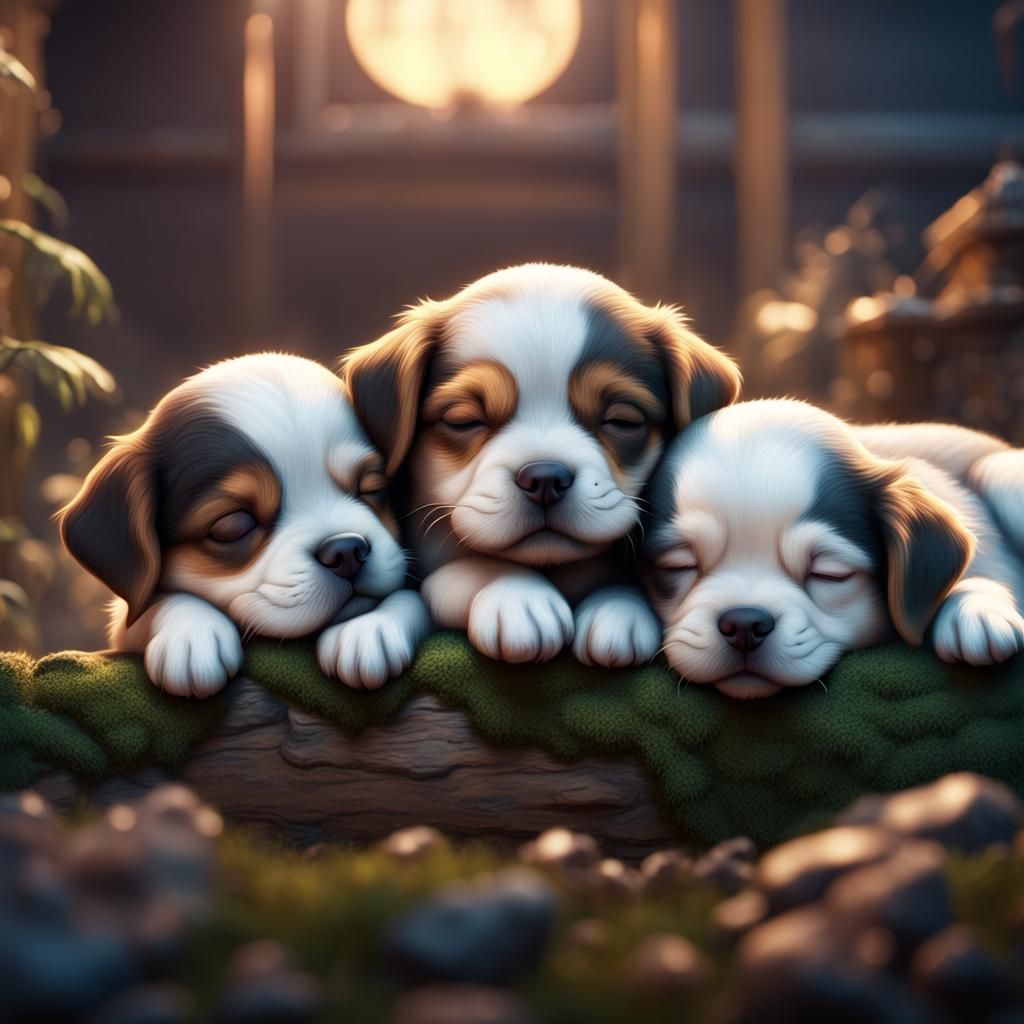 Cute Puppies Sleeping: Detailed Fantasy Concept Art