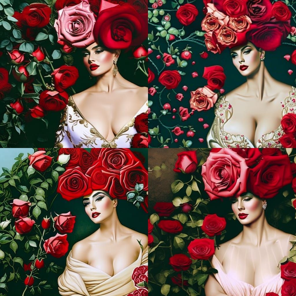 Beautiful Woman Covered in Roses and Ivy