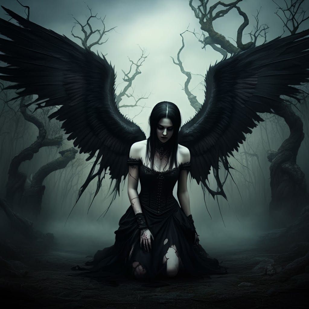 Dark Angel in Misty Forest: Gothic Fantasy Art