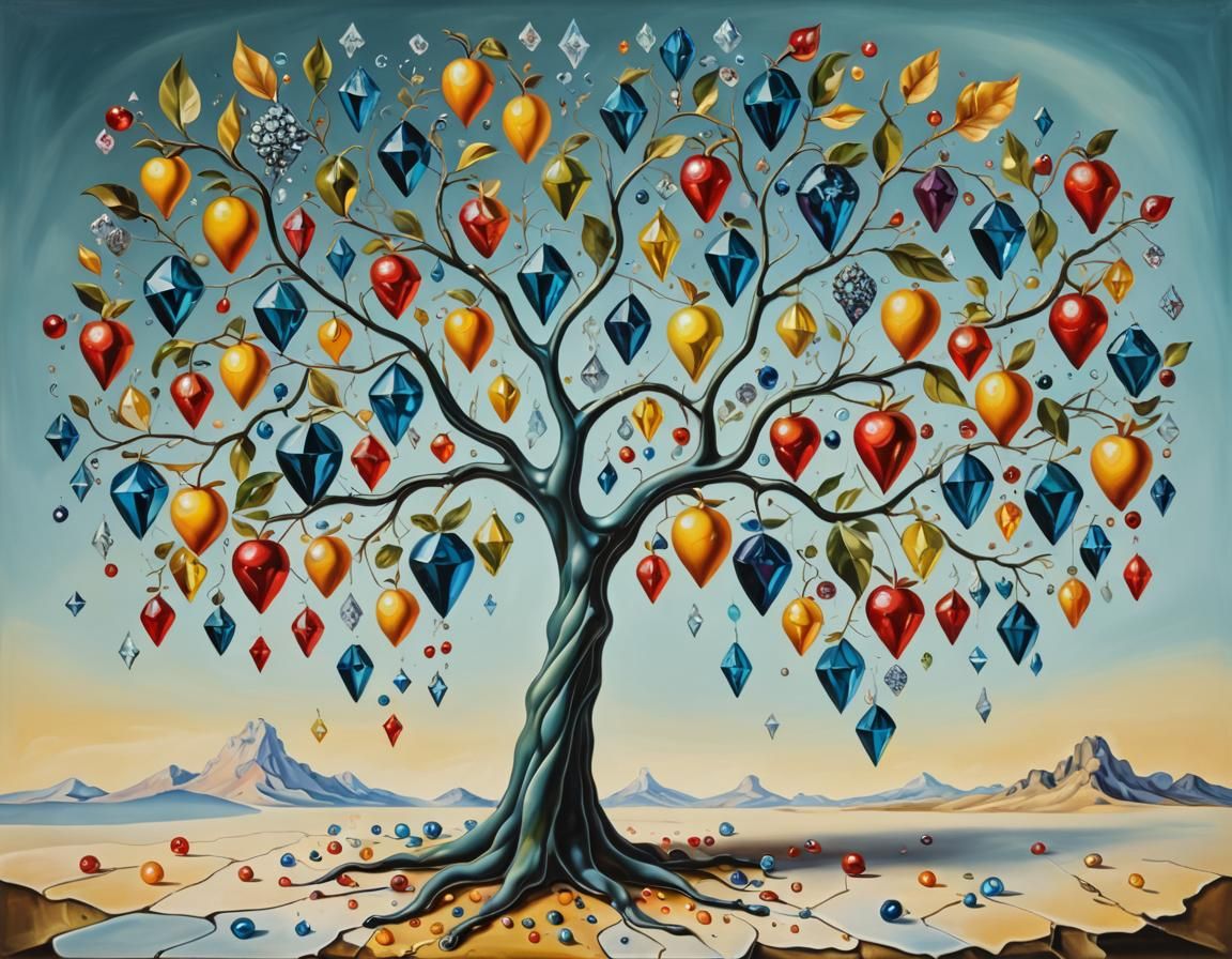 Surreal Tree with Glass Leaves and Diamond Fruit