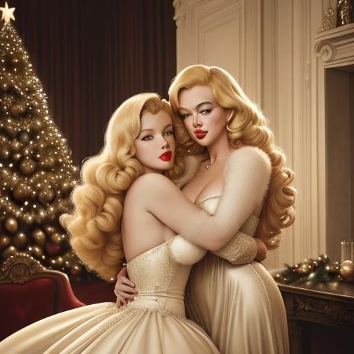 Glamorous Blond and Redhead Hugging near Christmas Tree