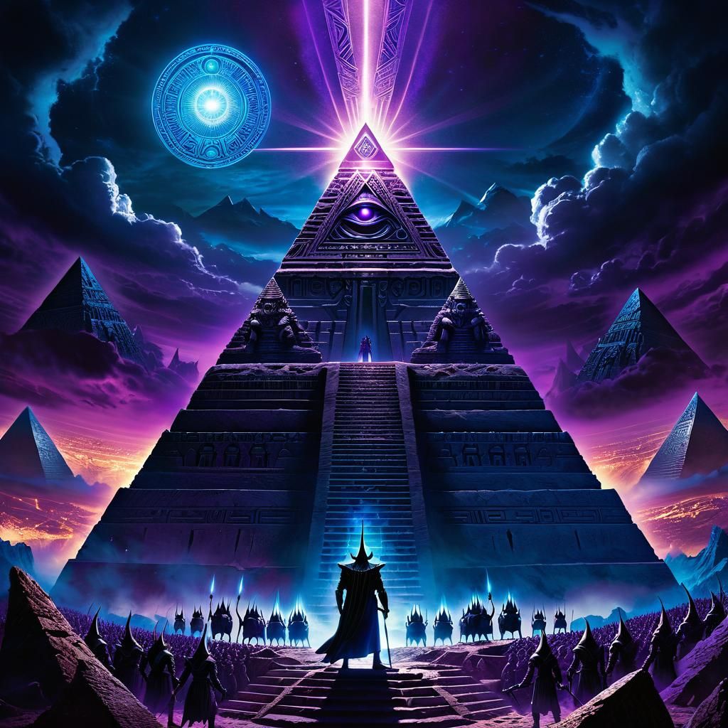 Eldritch Overlord Guiding Minions from Mystical Pyramid