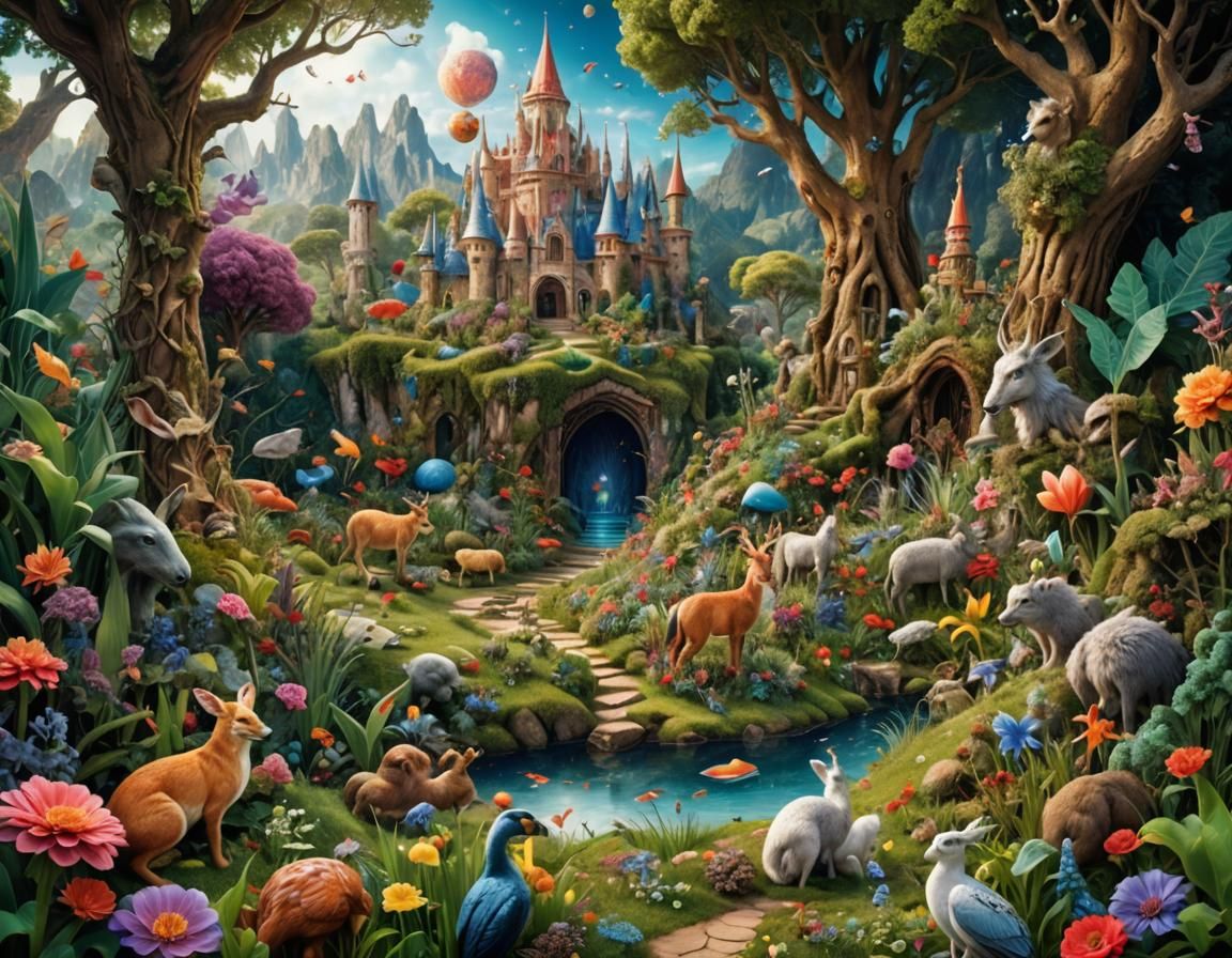 Hyper-Realistic Fantasy Landscape with Imaginary Animals