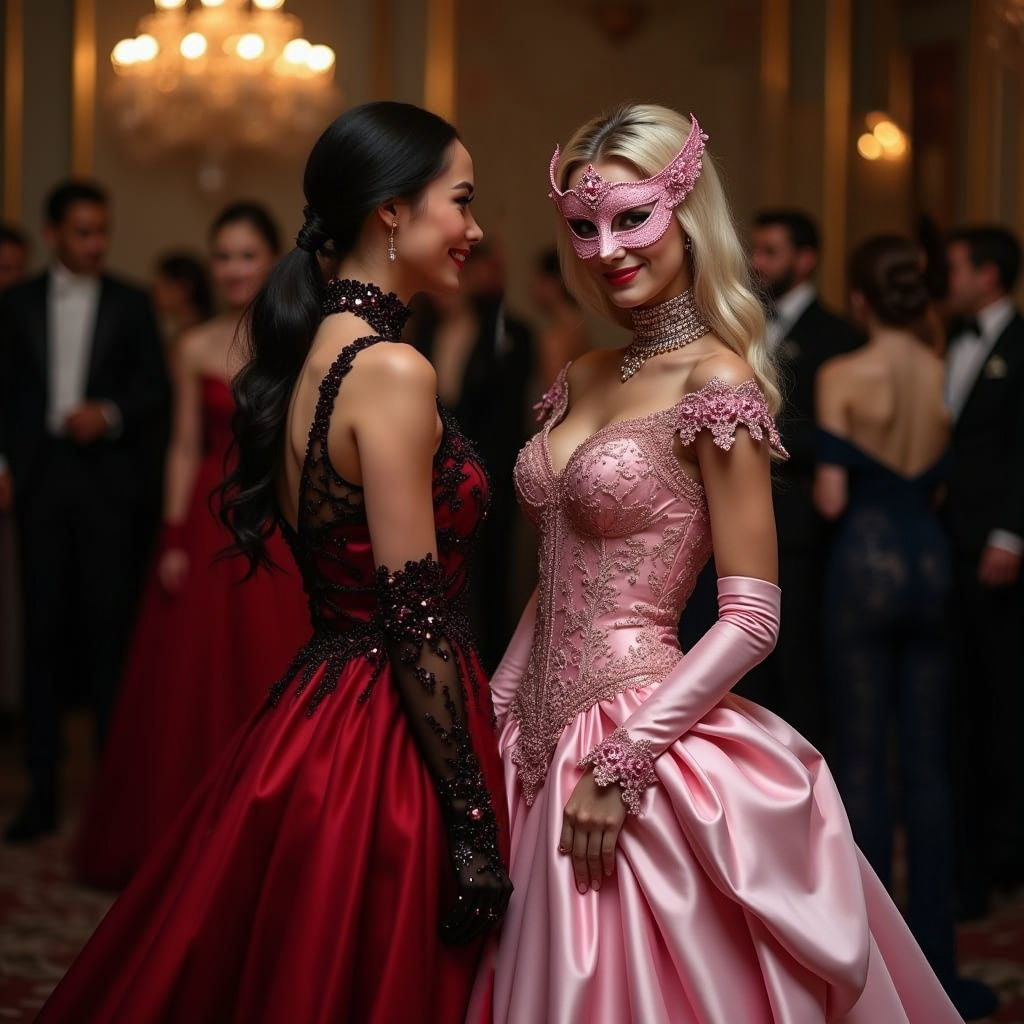 Glamorous Women in Opulent Ballgown Setting