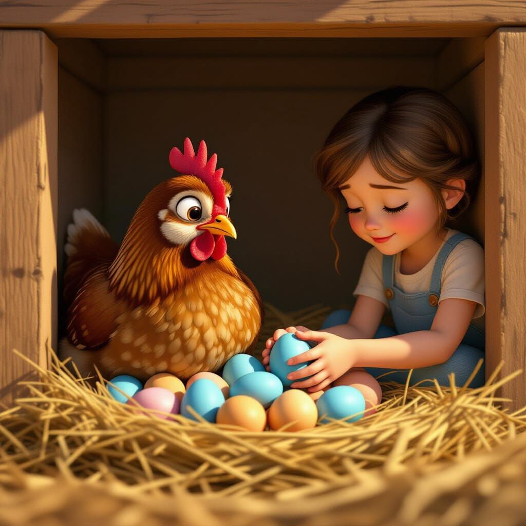 Tender Moment: Girl and Hen in Pixar Style