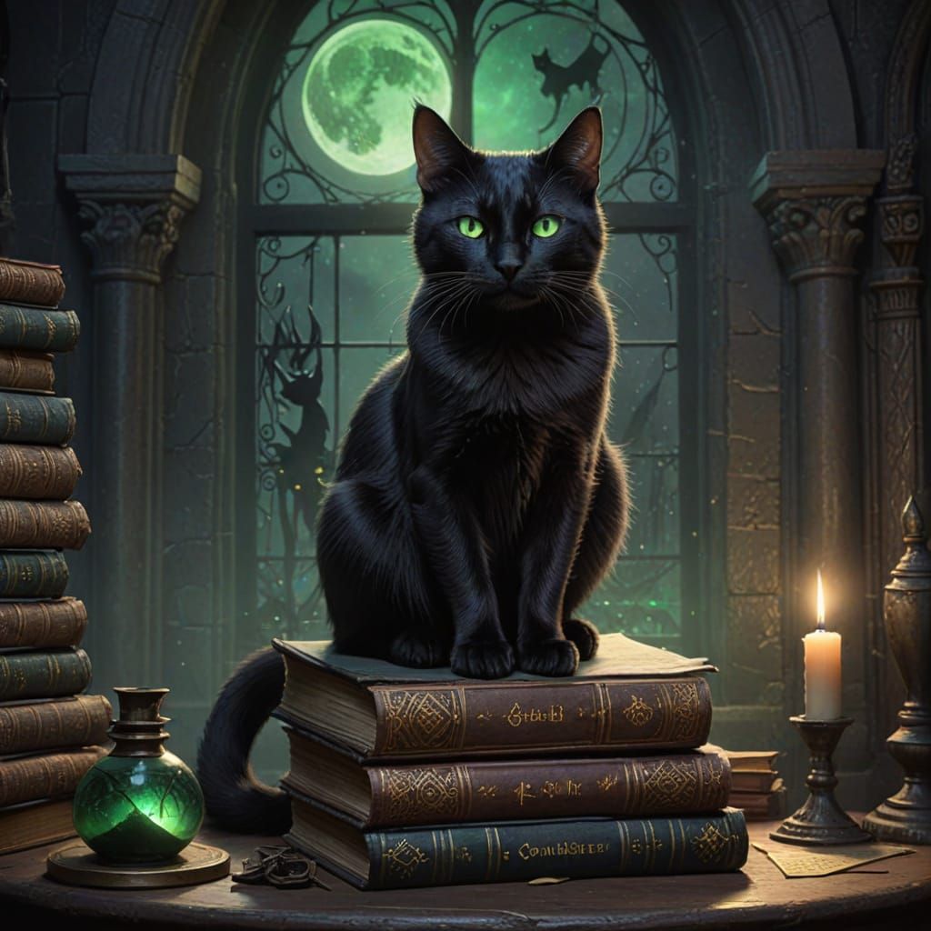 Mysterious Black Cat Familiar in Arcane Study