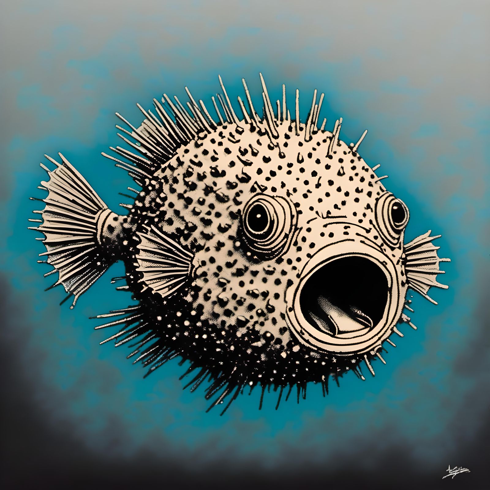 Intricate Ink Puffer Fish Illustration