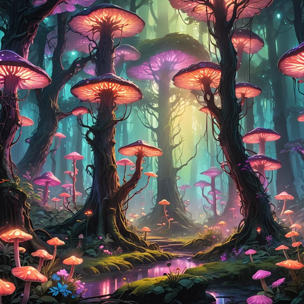Mystical Glowing Forest in Vaporwave Style