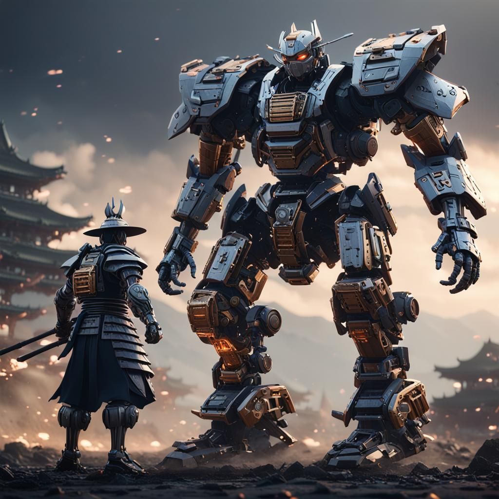 Robot Samurai vs 13th Century Samurai in Sci-Fi Style