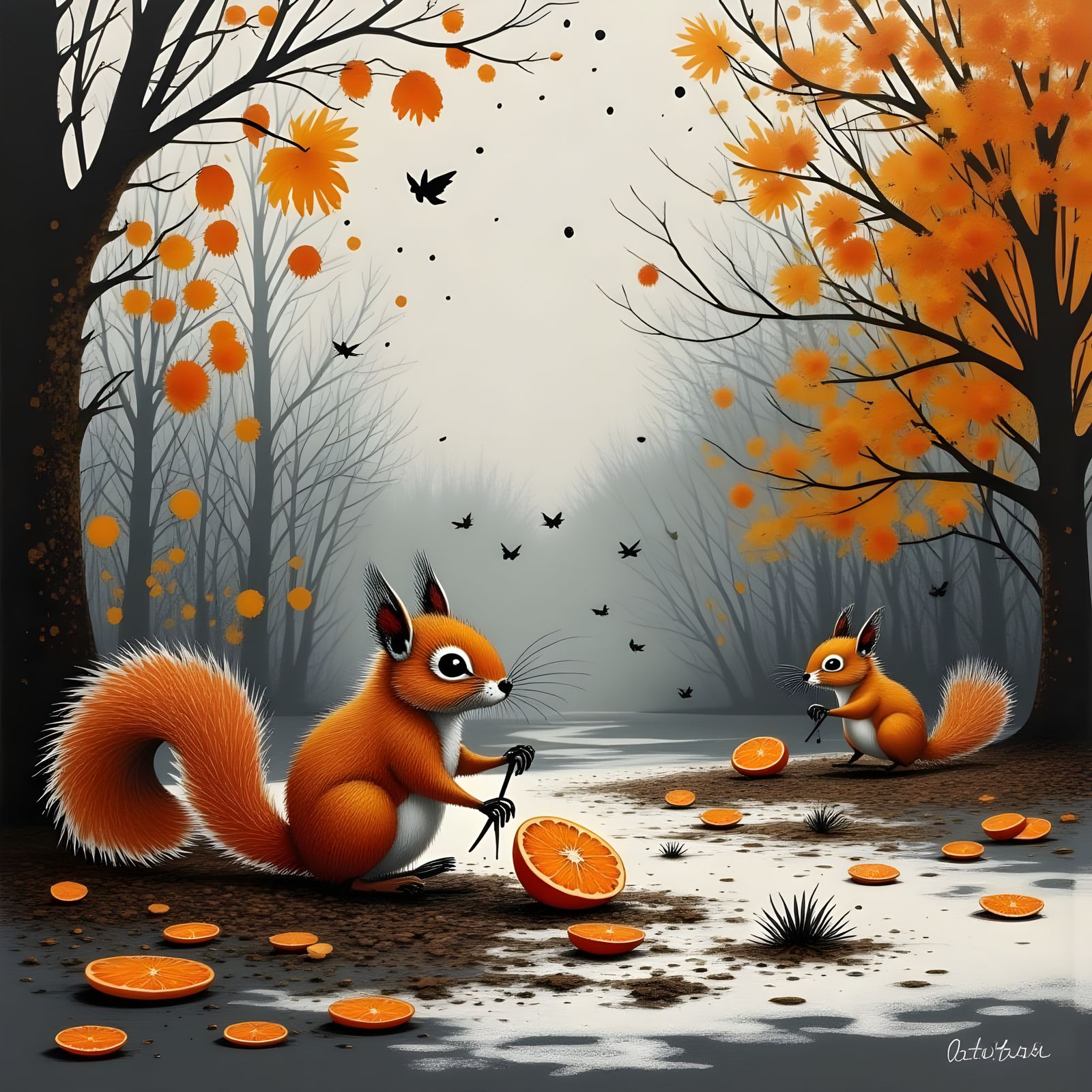 Squirrels in a Snowy Forest Landscape with Vibrant Colors