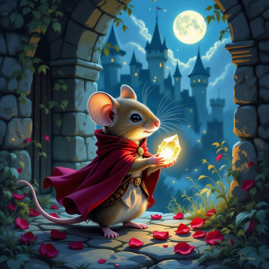 Mouse in Rose Petal Cloak Navigates Ancient Castle