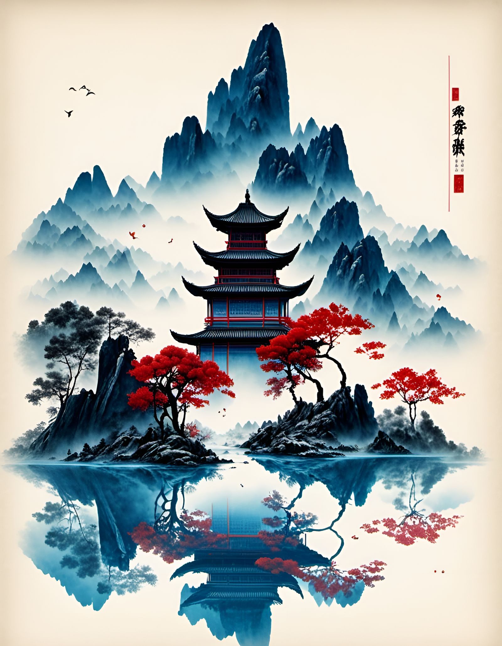 Zen Chinese Palace Landscape in Minimalist Style