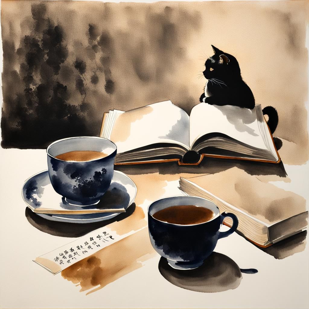 Sumi-e Painting of Tea, Book, and Cat
