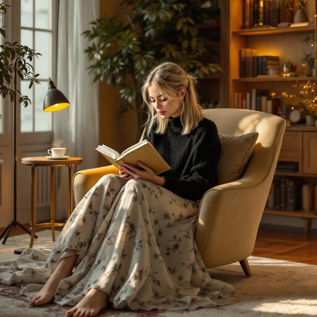 Cozy Reading Scene: Hyperrealistic Woman in Armchair