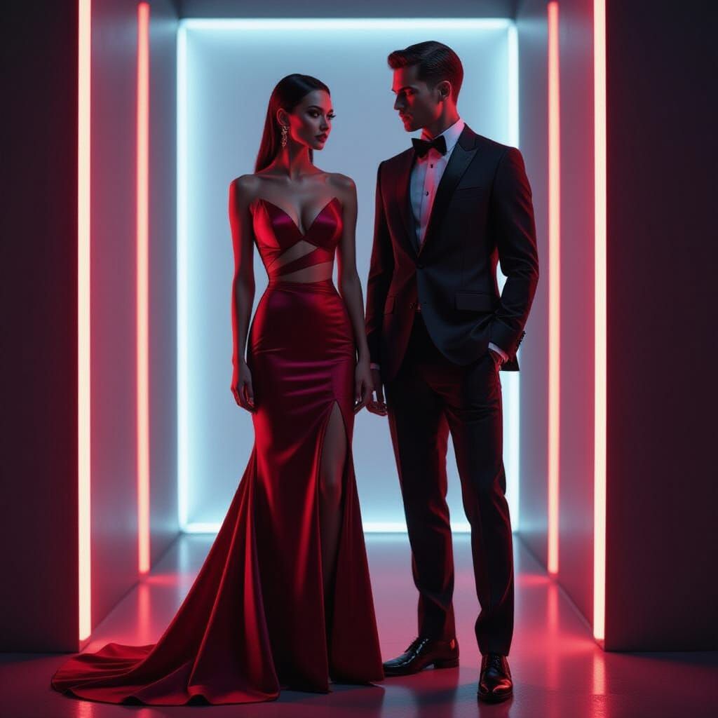 Dramatic Neon Editorial with Scarlet Gown