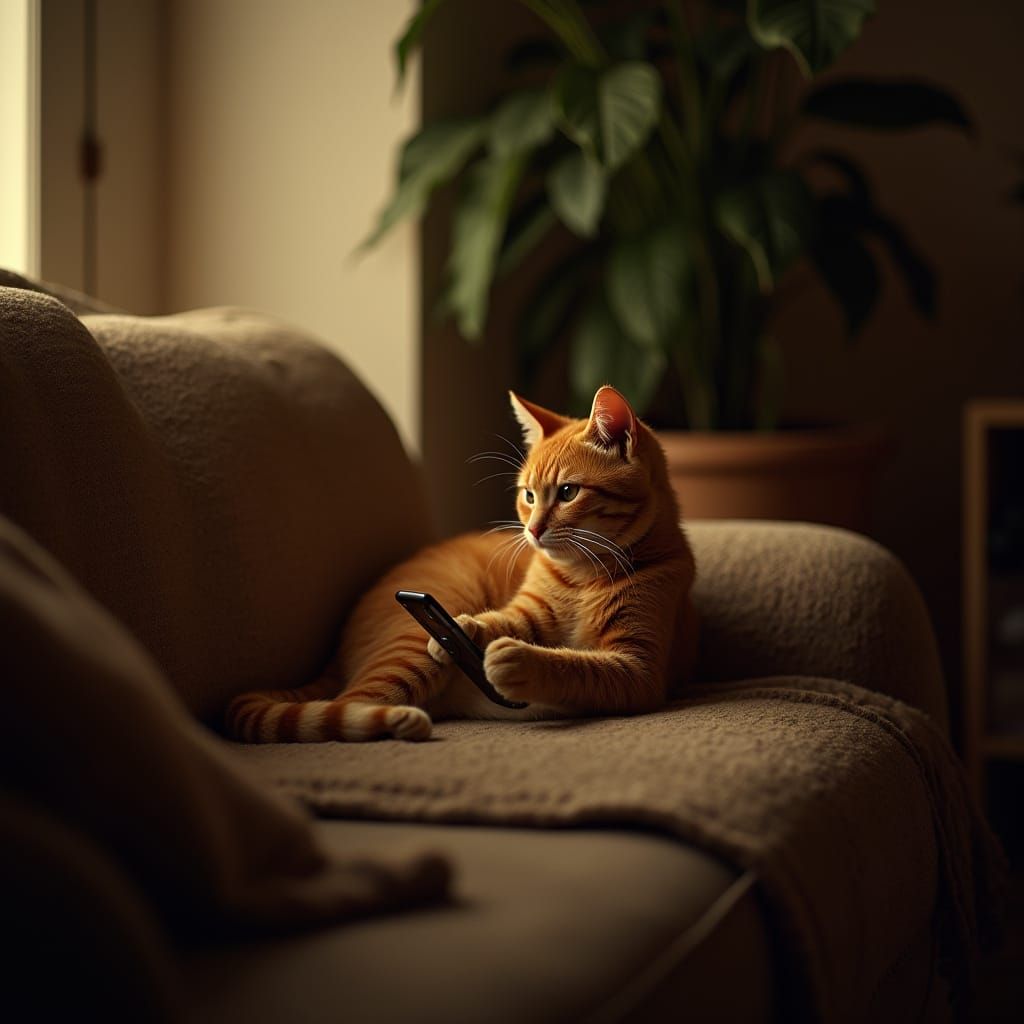 Whimsical Orange Cat Enjoys Cozy Filmic Moment on the Couch
