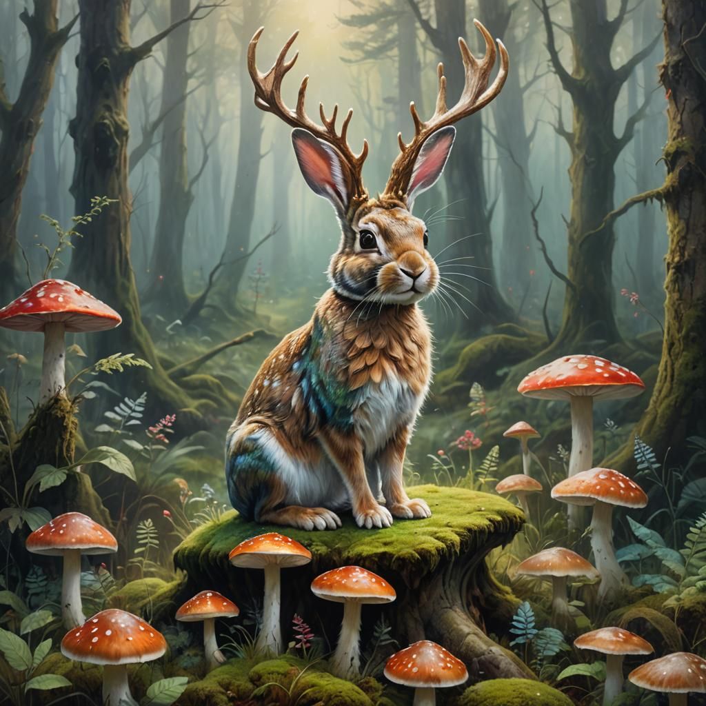 Jackalope in Misty Forest: Vibrant Oil Painting