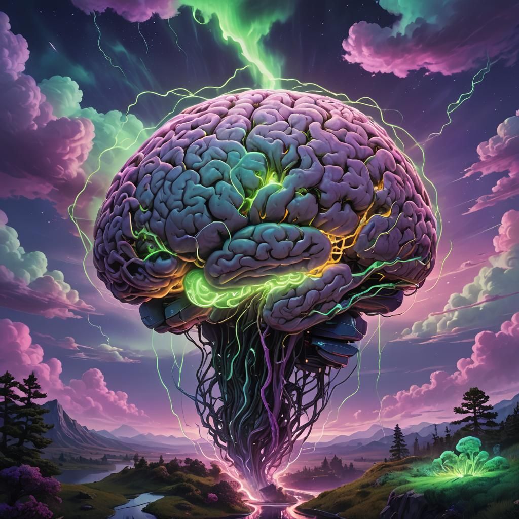 Ethereal Brain Floating in Dreamlike Landscape
