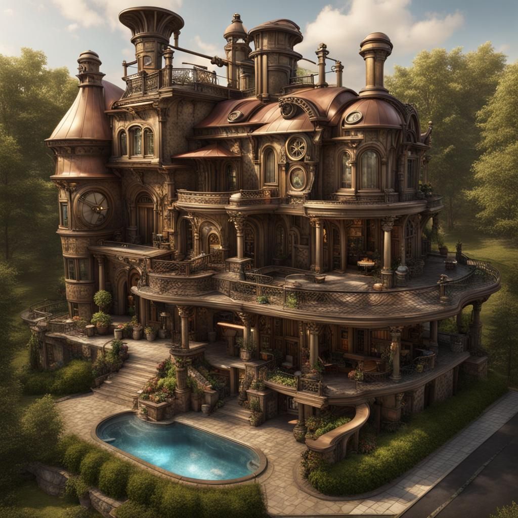 Steampunk Mansion with Twin Pools