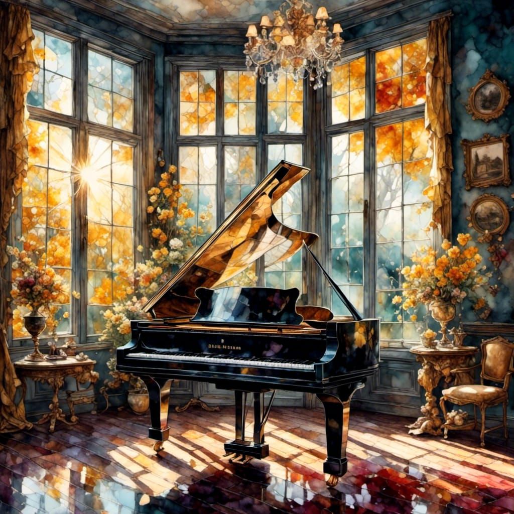 Grand Piano Bathed in Sunlight with Ink Chaos Effect