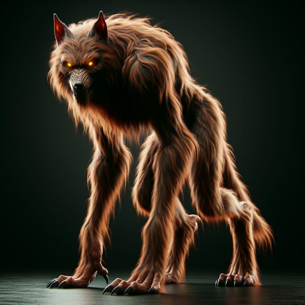 Hyperrealistic Lycanthrope with Amber Fur and Glowing Eyes