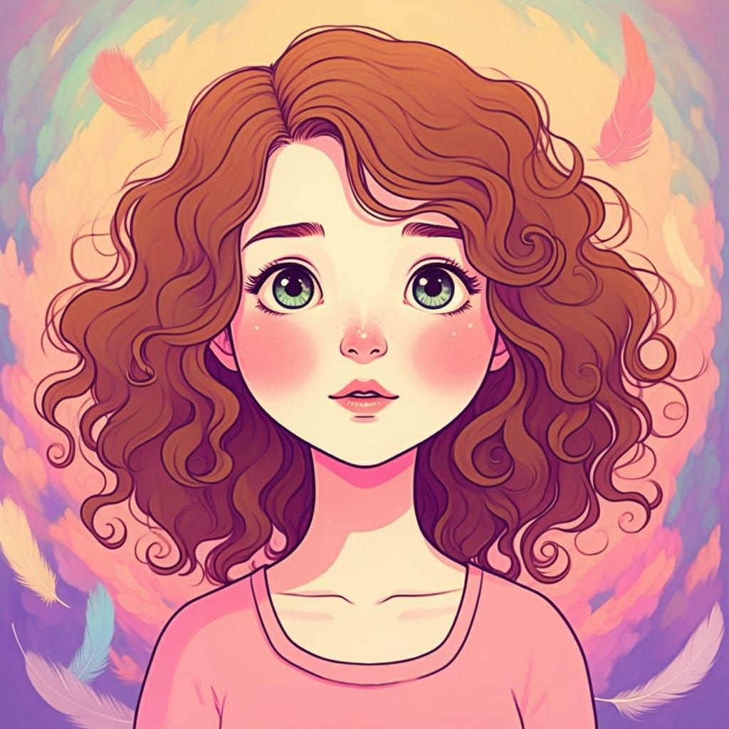 Whimsical Portrait of a Wide-Eyed Woman in Dreamy Setting