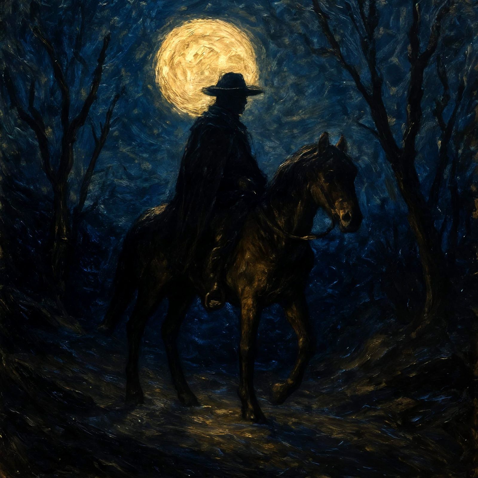 Horseman Under Moon in Oil Painting Style