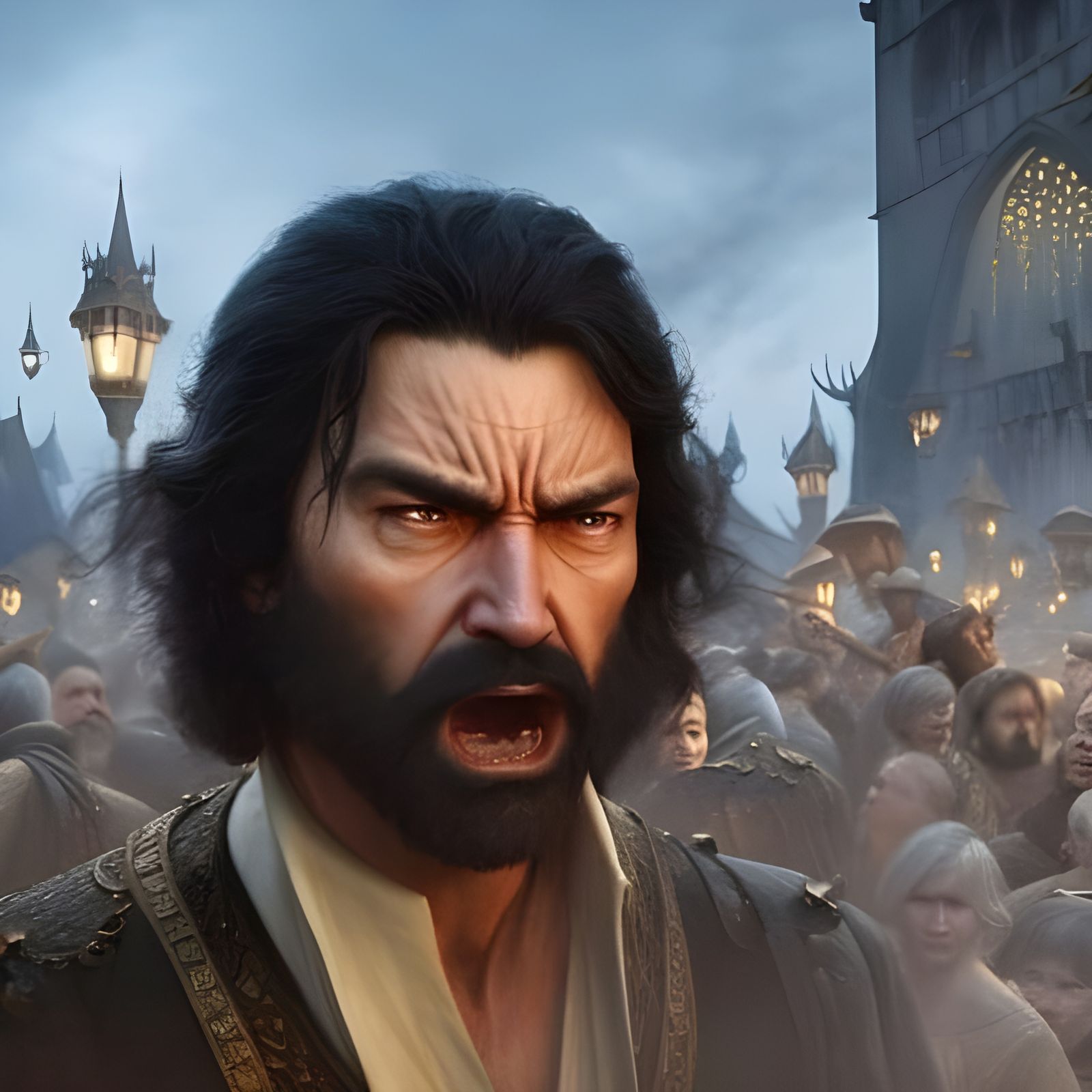 Angry Peasant in Medieval Town: Hyperdetailed Digital Art