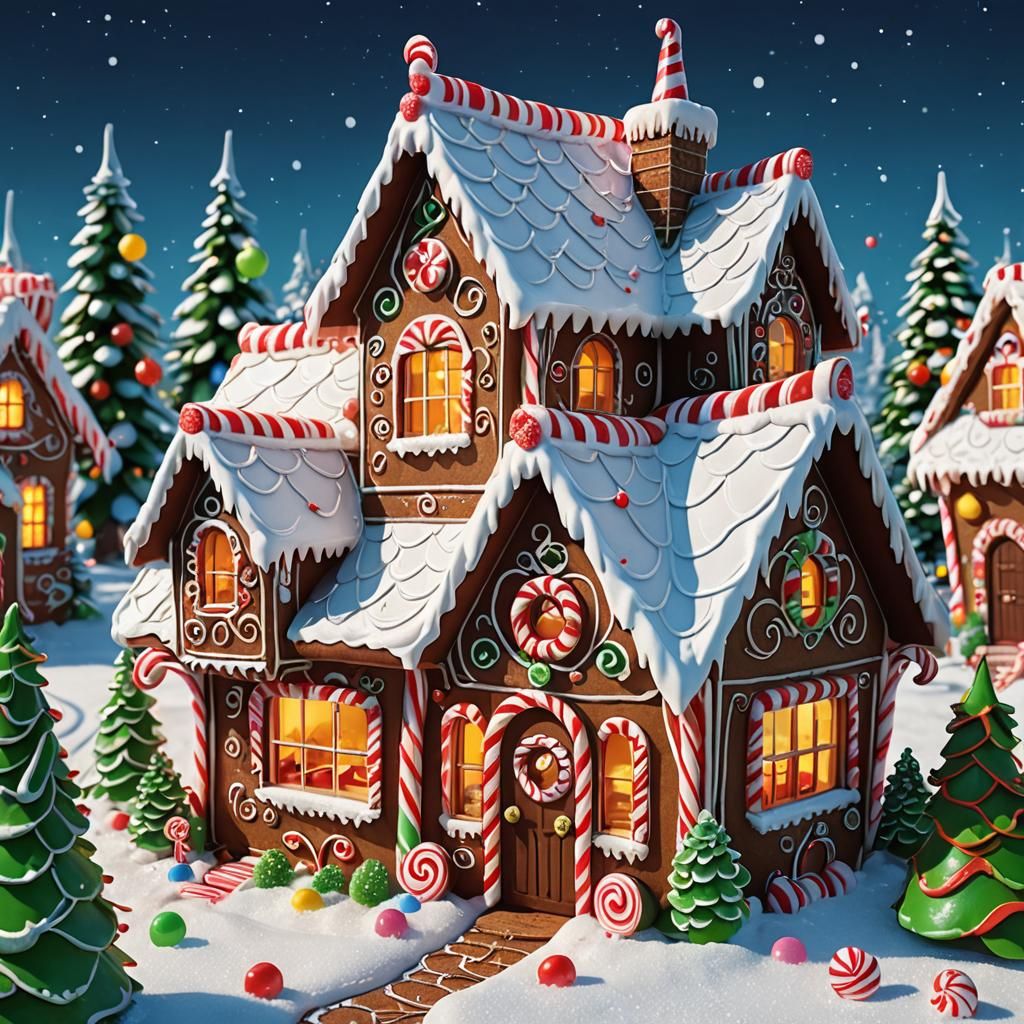 Hyperrealistic Gingerbread House in Winter Candyland
