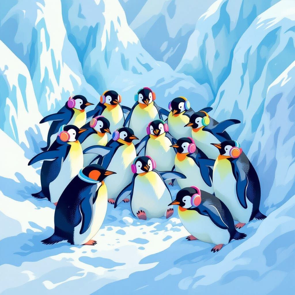 Comical Penguins Sliding Down Snowy Slope in Earmuffs