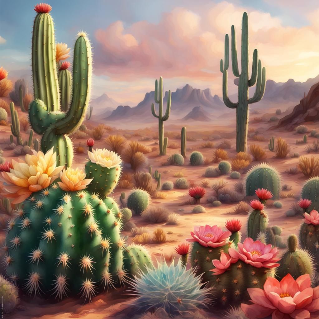 watercolor effect, center desert filled with different kinds...