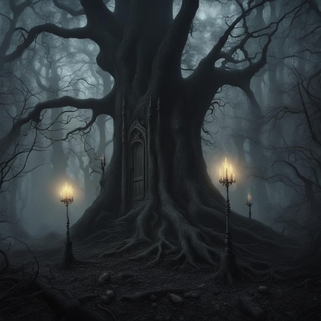 Haunted Gothic Forest at Night in Horror Comic Style