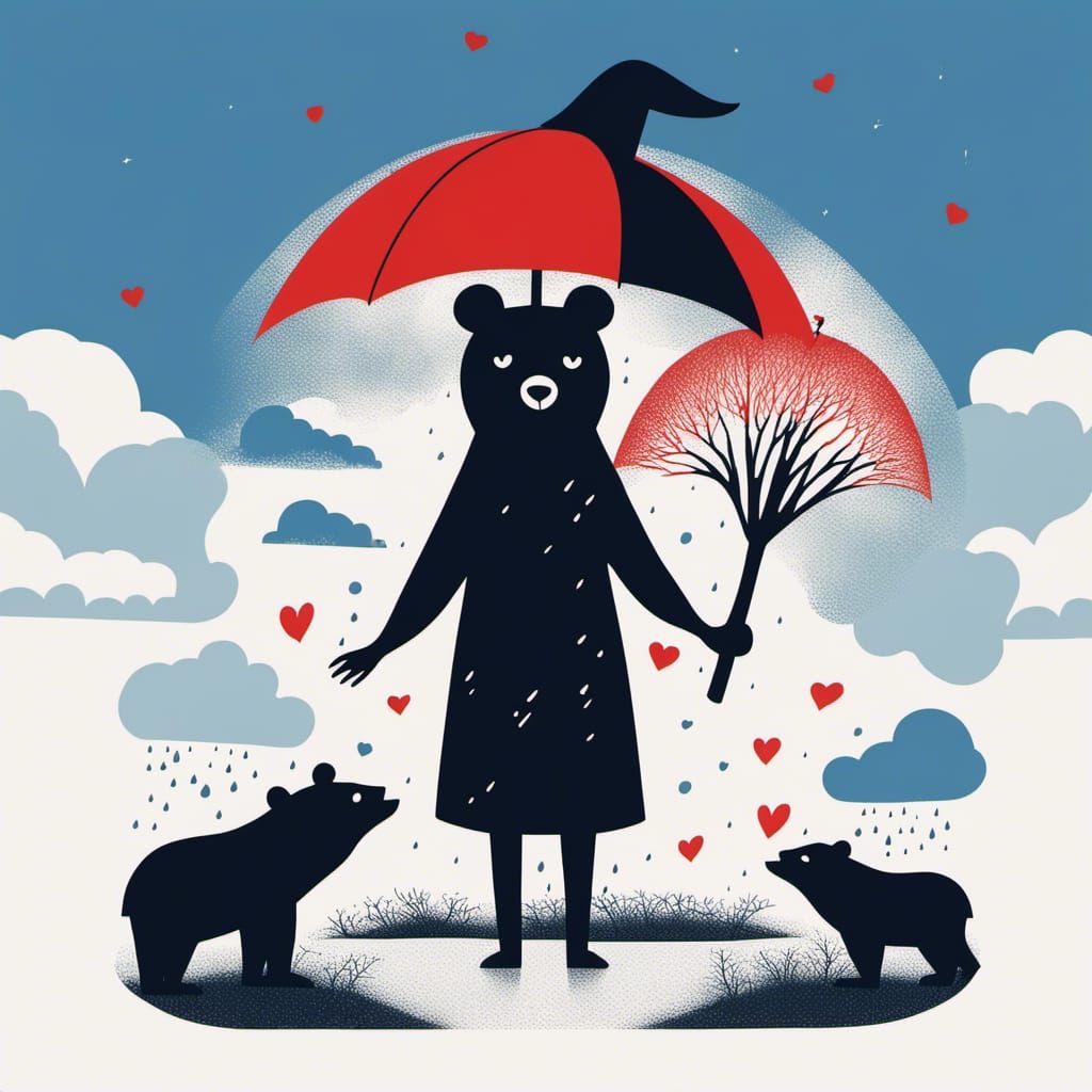 Bear and Witch Silhouettes with Red Heart Accent