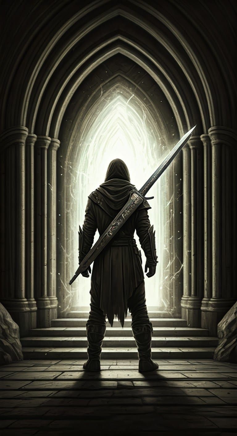 Hero at Ancient Portal in Rocha-Inspired Fantasy Art