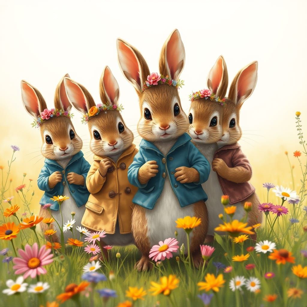 Peter Rabbit Family Playing in Sunny Meadow