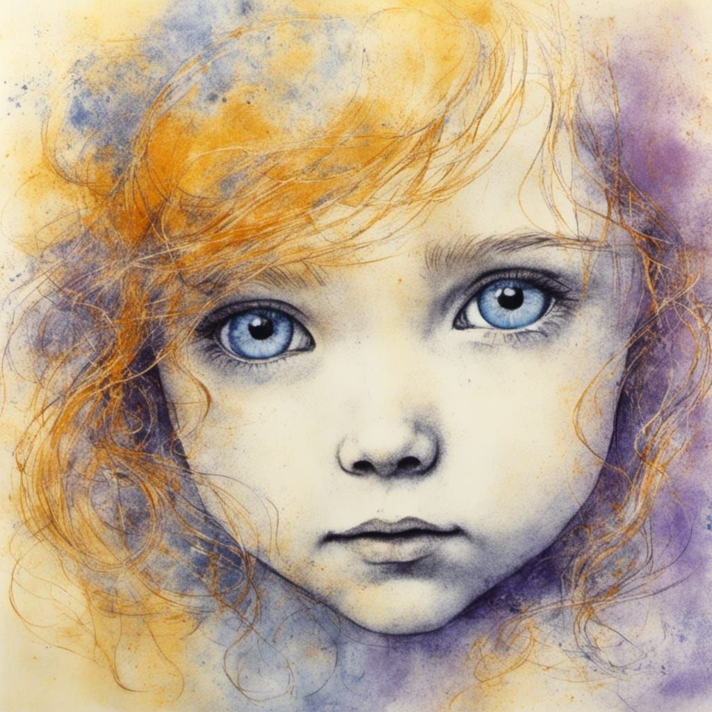 Adorable Girl with Blue Eyes Ink Drawing