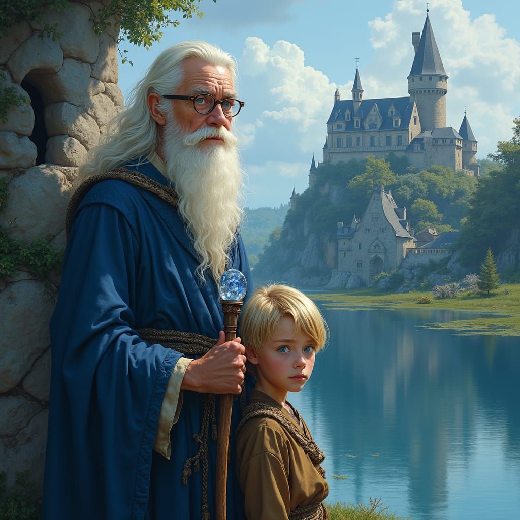 Mystical Wizard and Future King Overlooking Medieval Castle