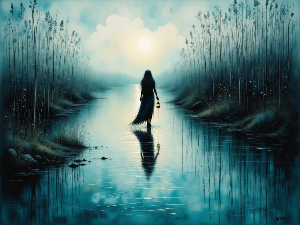 Woman in Misty Bog with Lantern, Ink Poet Style