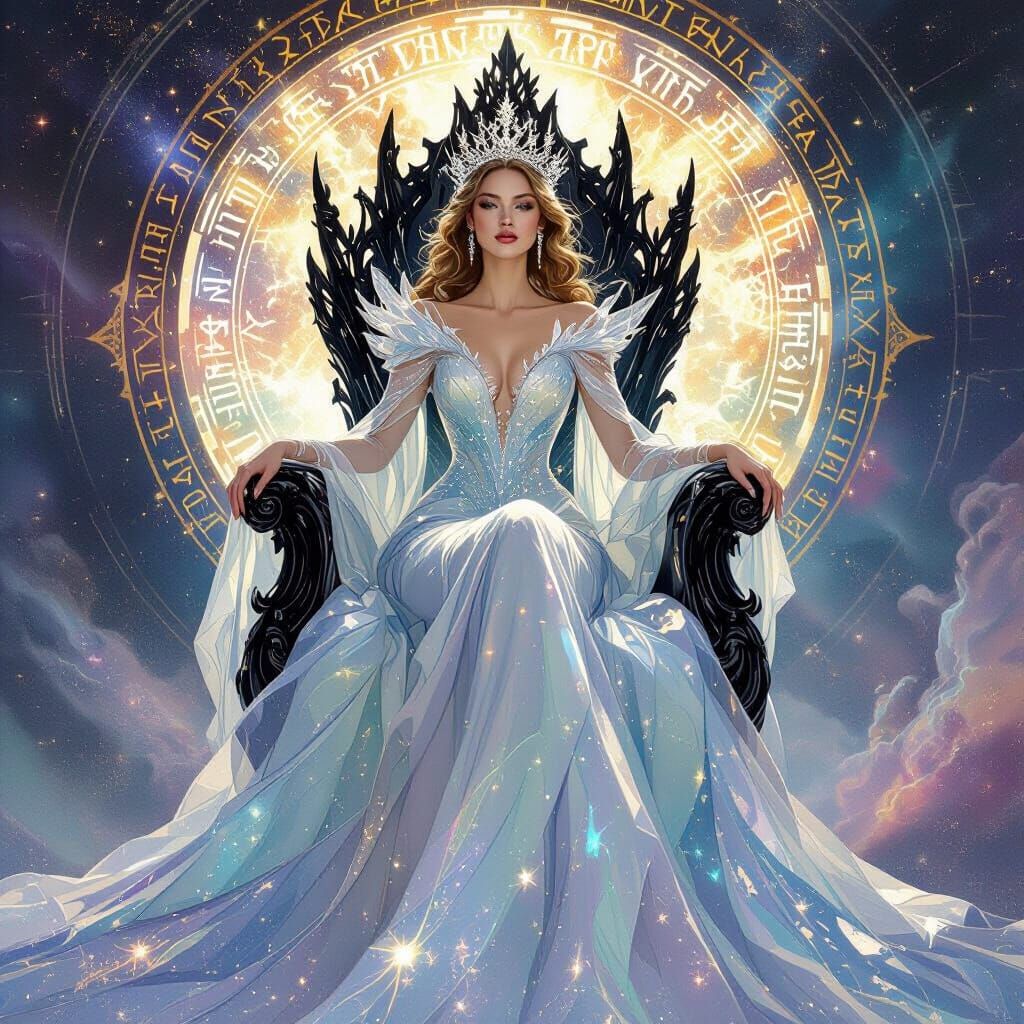 Regal Queen in Molten Glass Gown with Starlight Crown